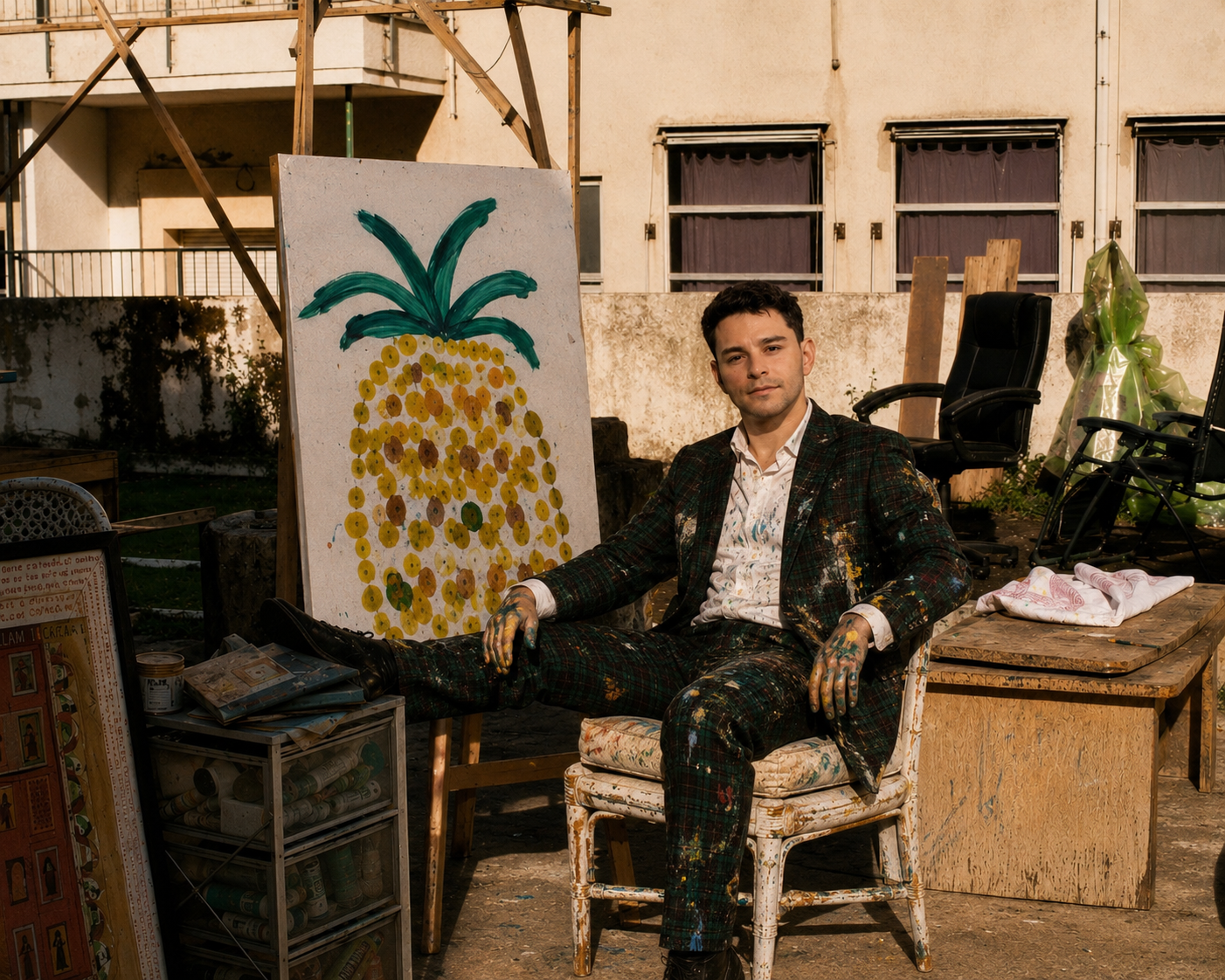 Max Jacobim in the studio courtyard with Pineapple (Yellow), 2025