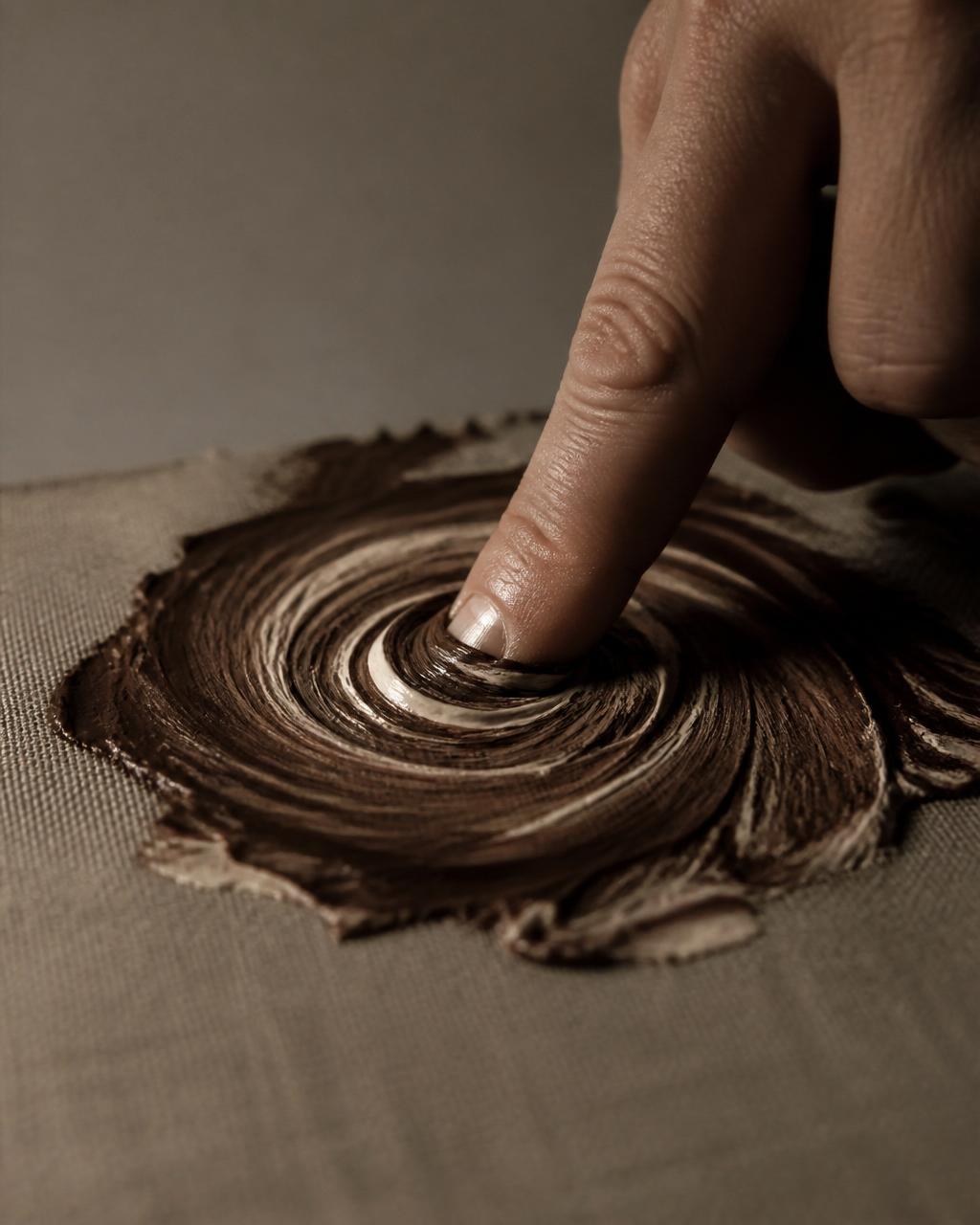 Detail of the thirty-degree turn, fingertip rotating in hand-mixed umber on linen